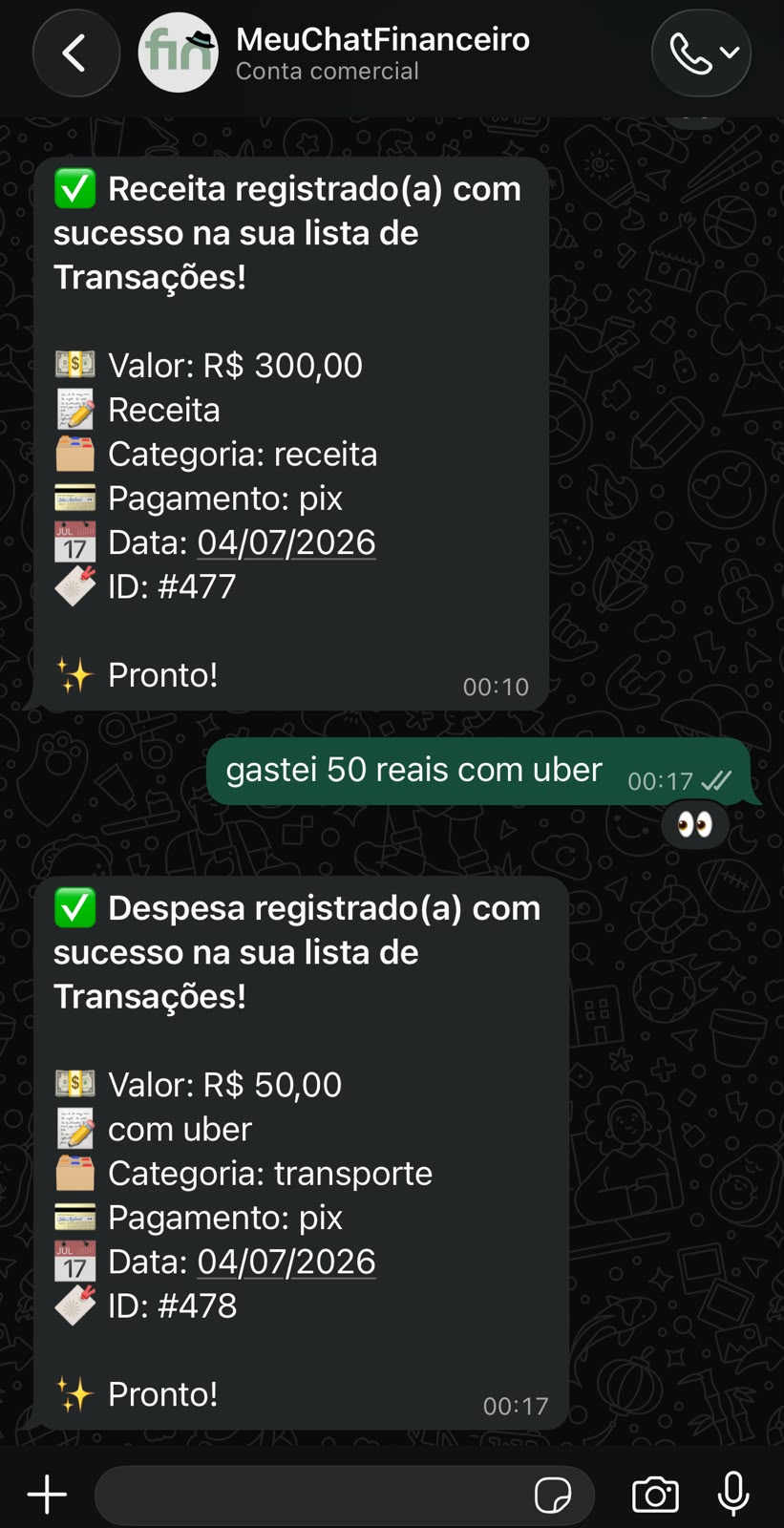 Conversa real no WhatsApp com o Fin, assistente do MeuChatFinanceiro